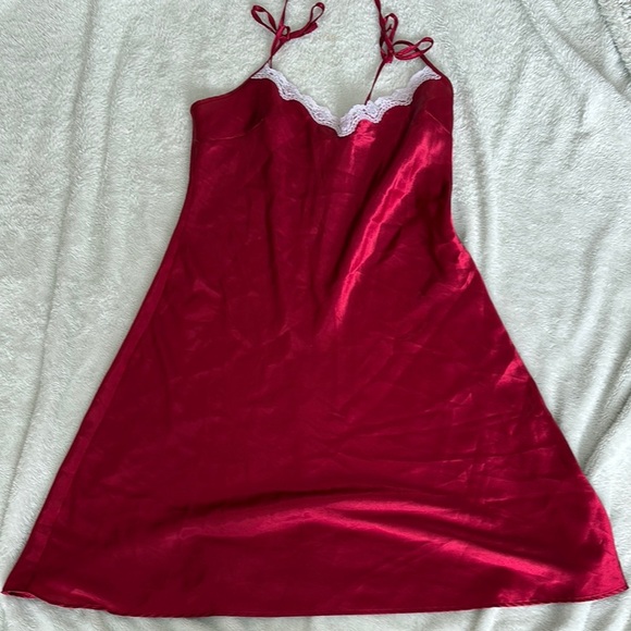 Y2K Red Satin Slip Dress – Size 14 | Lace Trim | Feminine Glam | Flawed - Picture 1 of 8